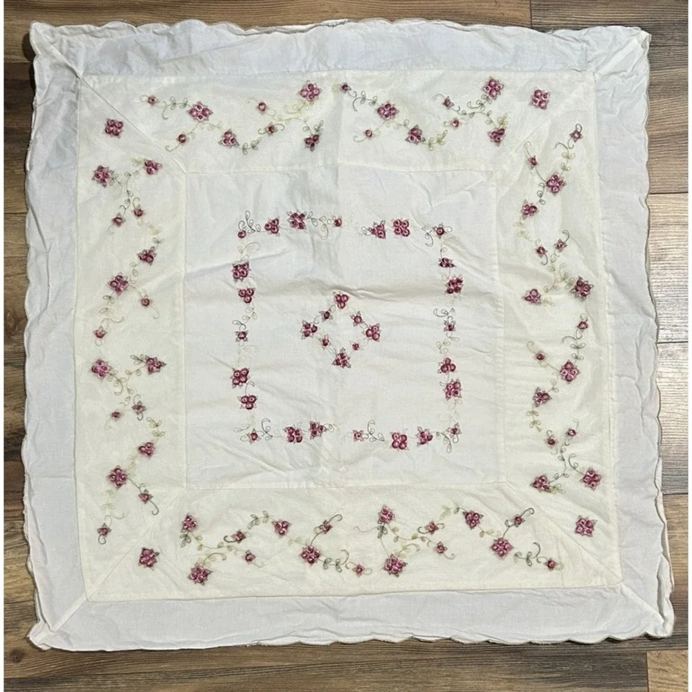 Throw Pillow Cover Bed Large Open Back Embroider Roses Pink Green Lace Inlay 27